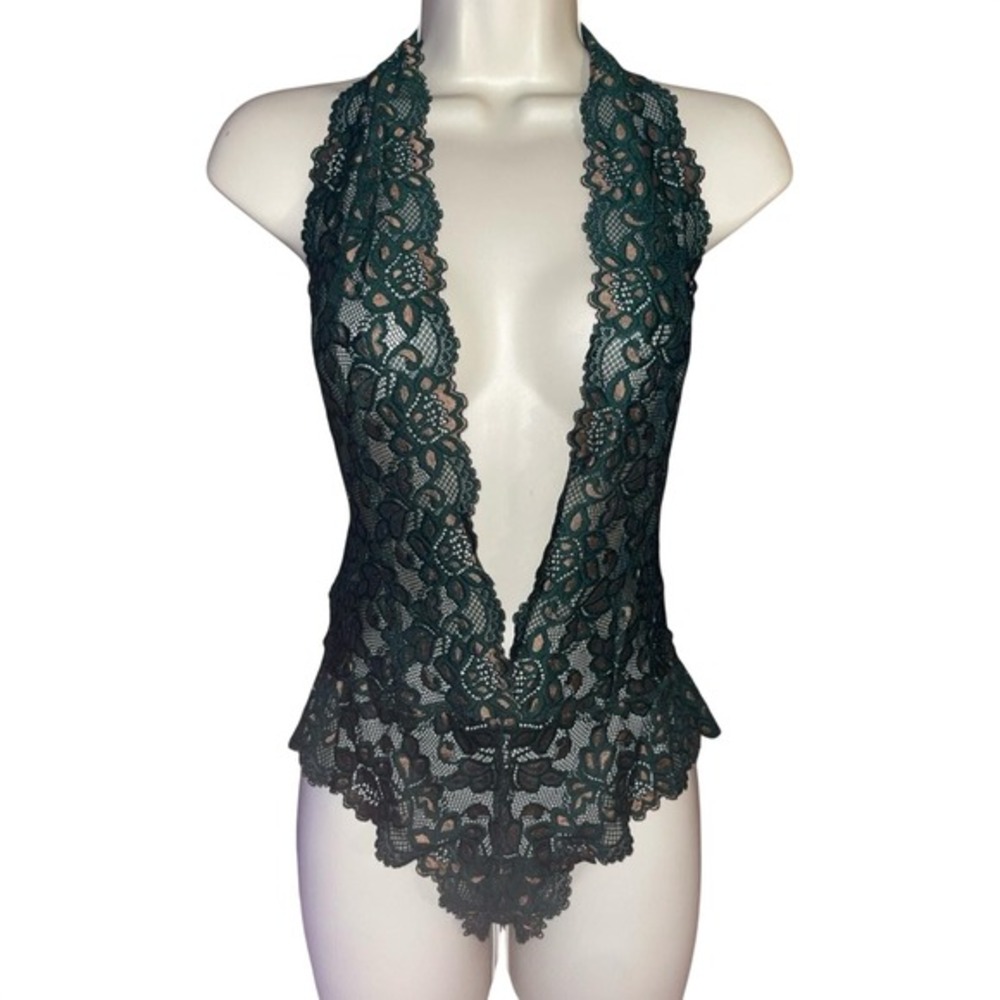 Frederick's of Hollywood Jessica Lace Plunge Halter Teddy Bodysuit‎ Green S NWT